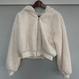 white furry TopShop Cropped jacket/hood